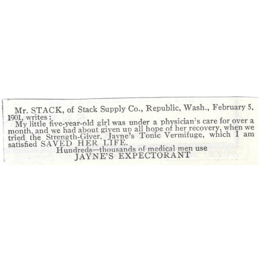 Stack Supply Co Republic Washington Jayne's Expectorant c1918 Ad AE5-SV2