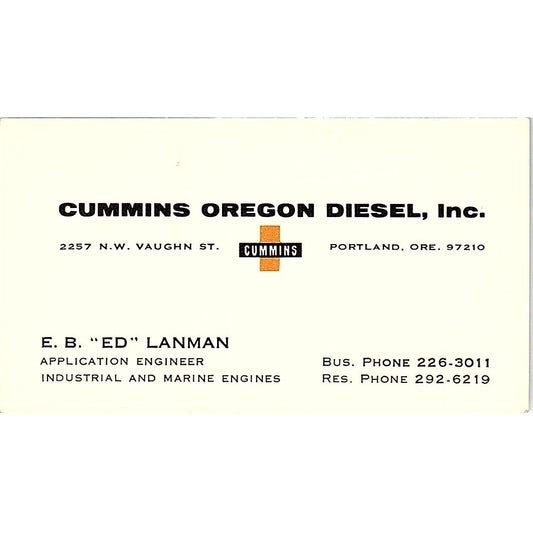 Cummins Oregon Diesel E.B ED Lanman Portland Ore Vintage Business Card SB4-B6