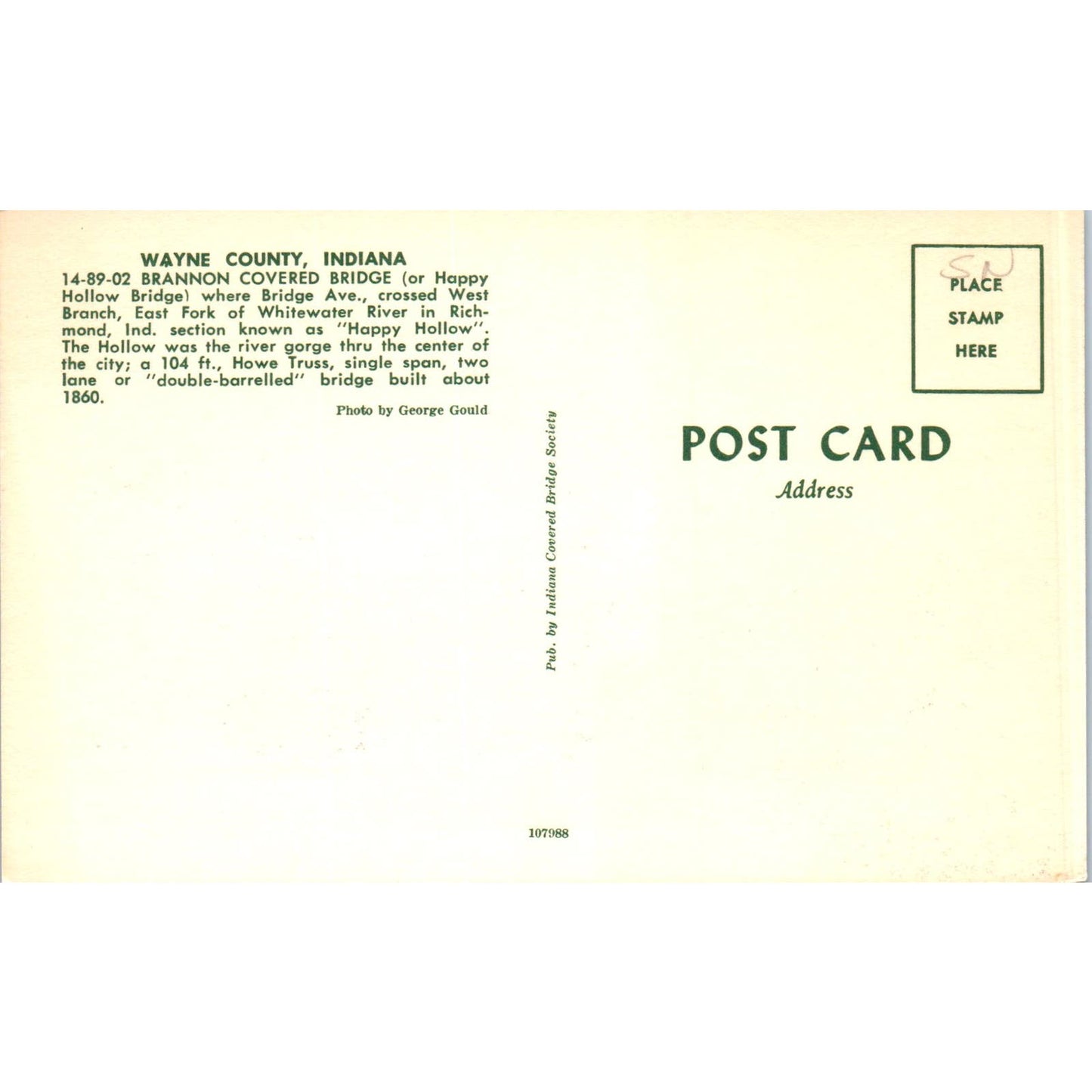 Brannon Bridge Whitewater River Wayne County IN Covered Bridge Postcard PC8