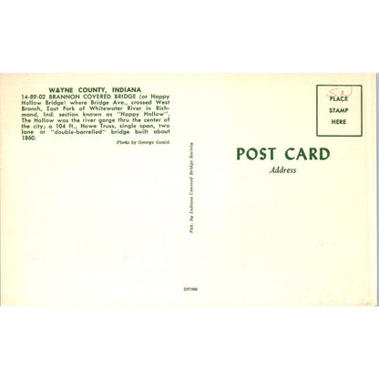 Brannon Bridge Whitewater River Wayne County IN Covered Bridge Postcard PC8