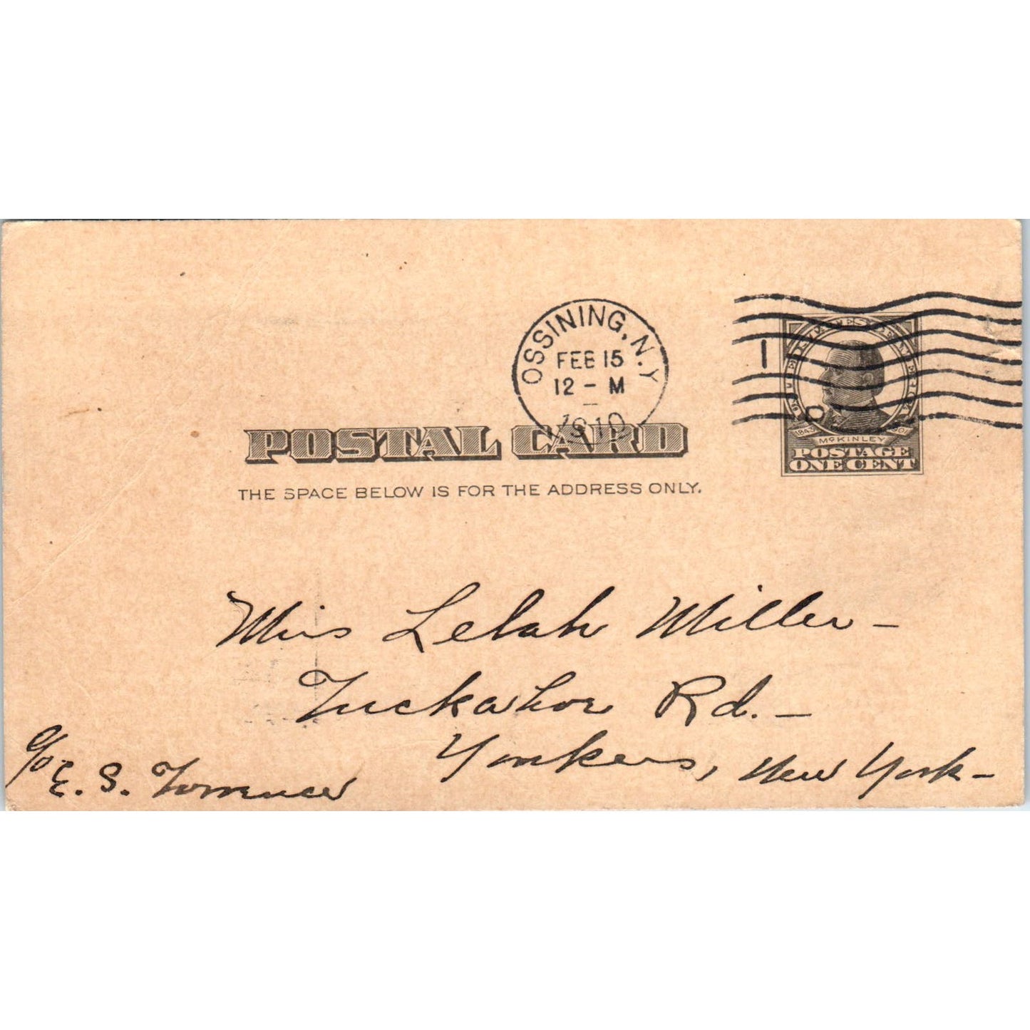 1910 Postal Mailing Carr Lelah J. Miller Yonkers NY PD1