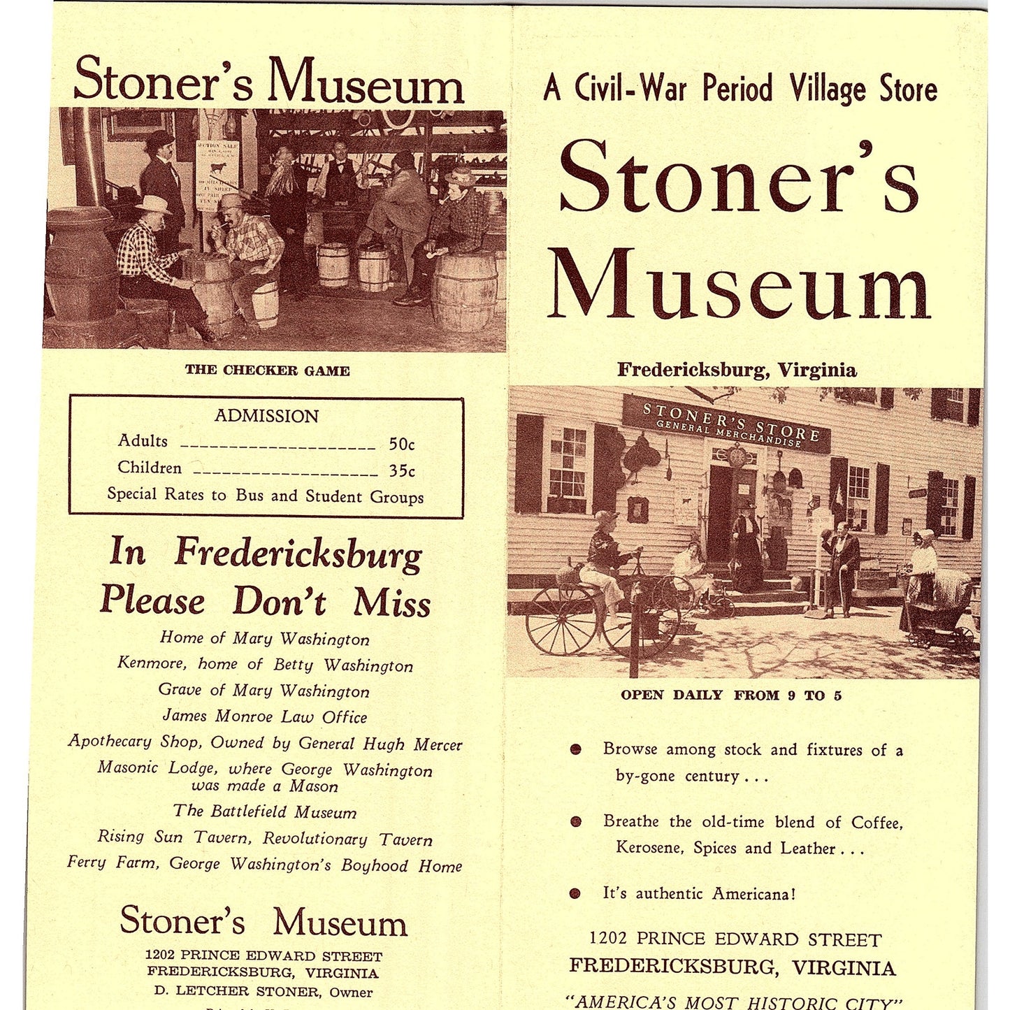 Stoner's Museum Village Store Fredericksburg VA Vintage Travel Brochure TH2-TB5