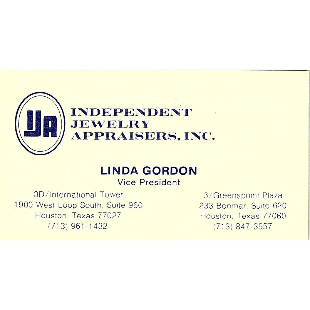 Independent Jewelry Appraisers Linda Gordon Houston Texas  Business Card SB4-B10