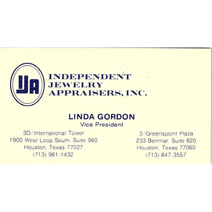 Independent Jewelry Appraisers Linda Gordon Houston Texas  Business Card SB4-B10