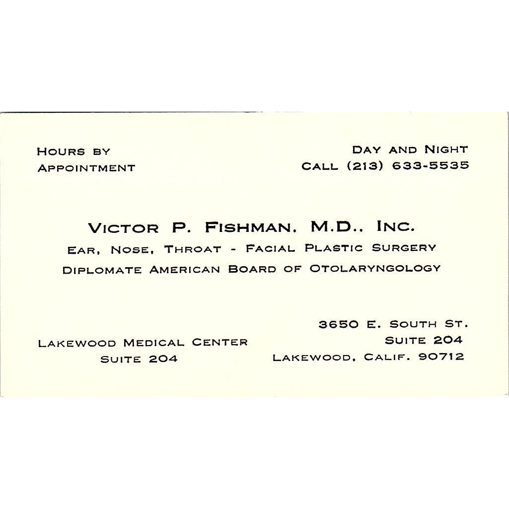 Victor P Fishman Ear Nose Throat Facial Surgery Lakewood CA Business Card SB4-B1
