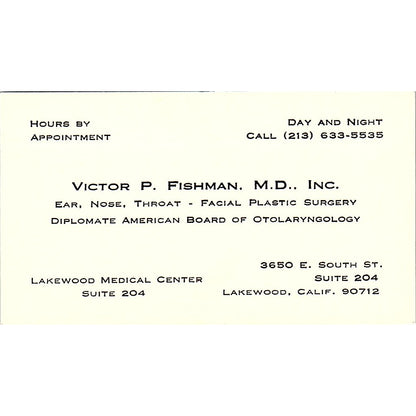 Victor P Fishman Ear Nose Throat Facial Surgery Lakewood CA Business Card SB4-B1