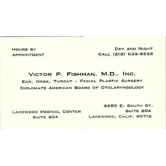 Victor P Fishman Ear Nose Throat Facial Surgery Lakewood CA Business Card SB4-B1