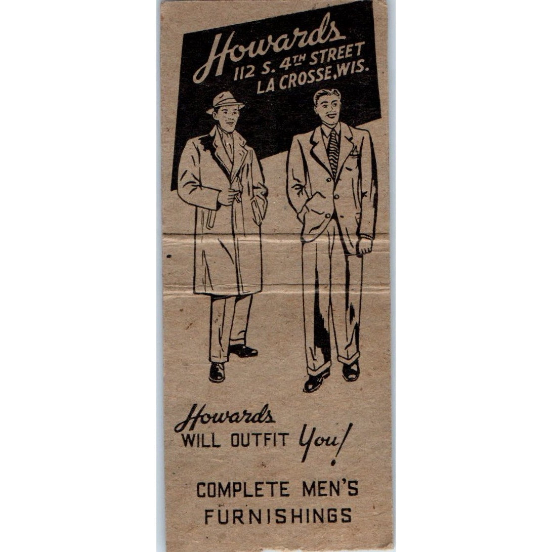 Howards Men's Clothing La Crosse WI Vintage Matchbook Cover SD4-Y9