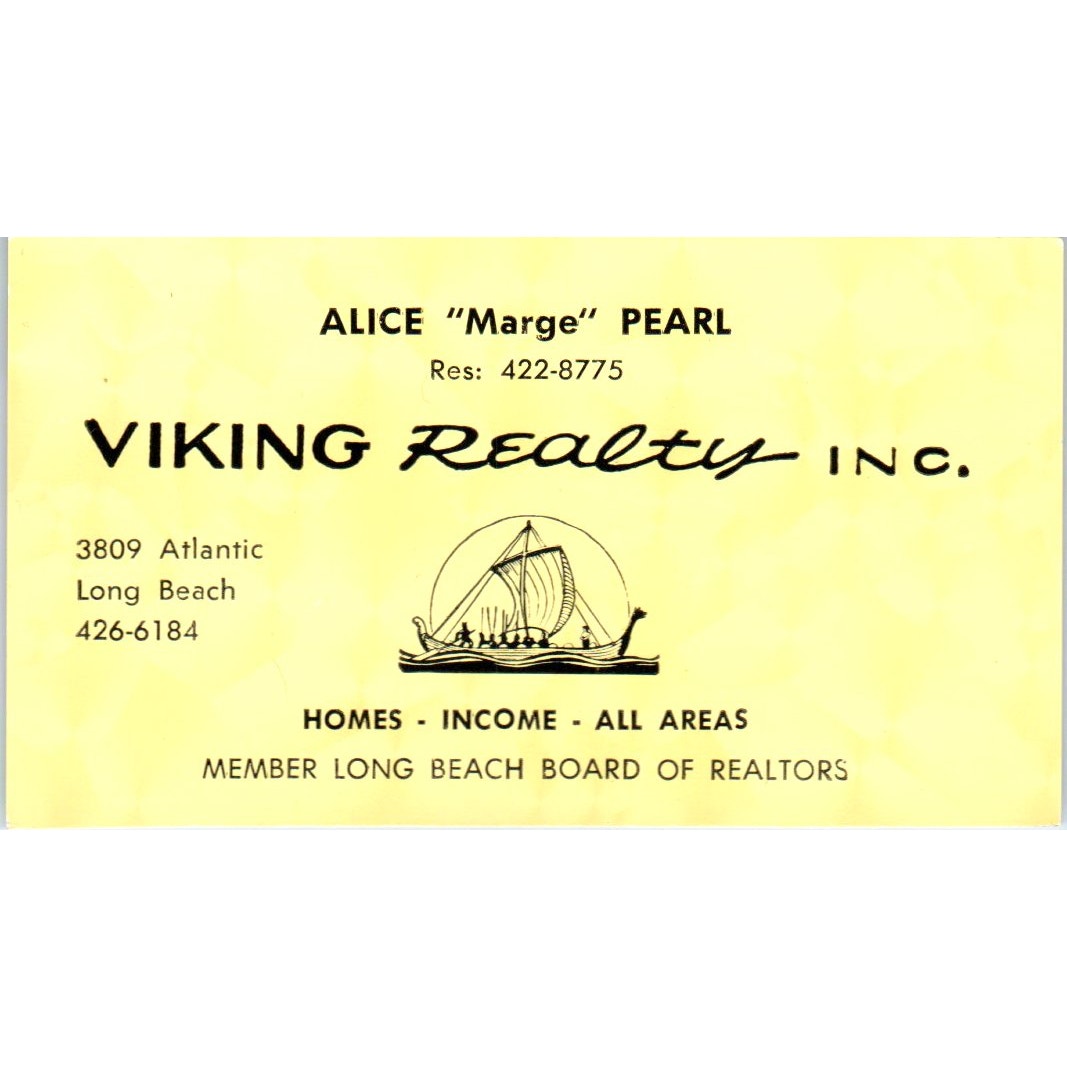 Alice Marge Pearl Viking Realty Inc Long Beach CA Vintage Business Card SD4-B5