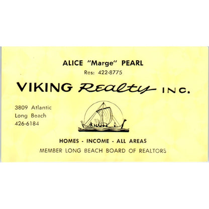 Alice Marge Pearl Viking Realty Inc Long Beach CA Vintage Business Card SD4-B5