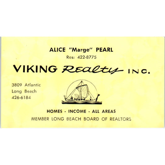 Alice Marge Pearl Viking Realty Inc Long Beach CA Vintage Business Card SD4-B5