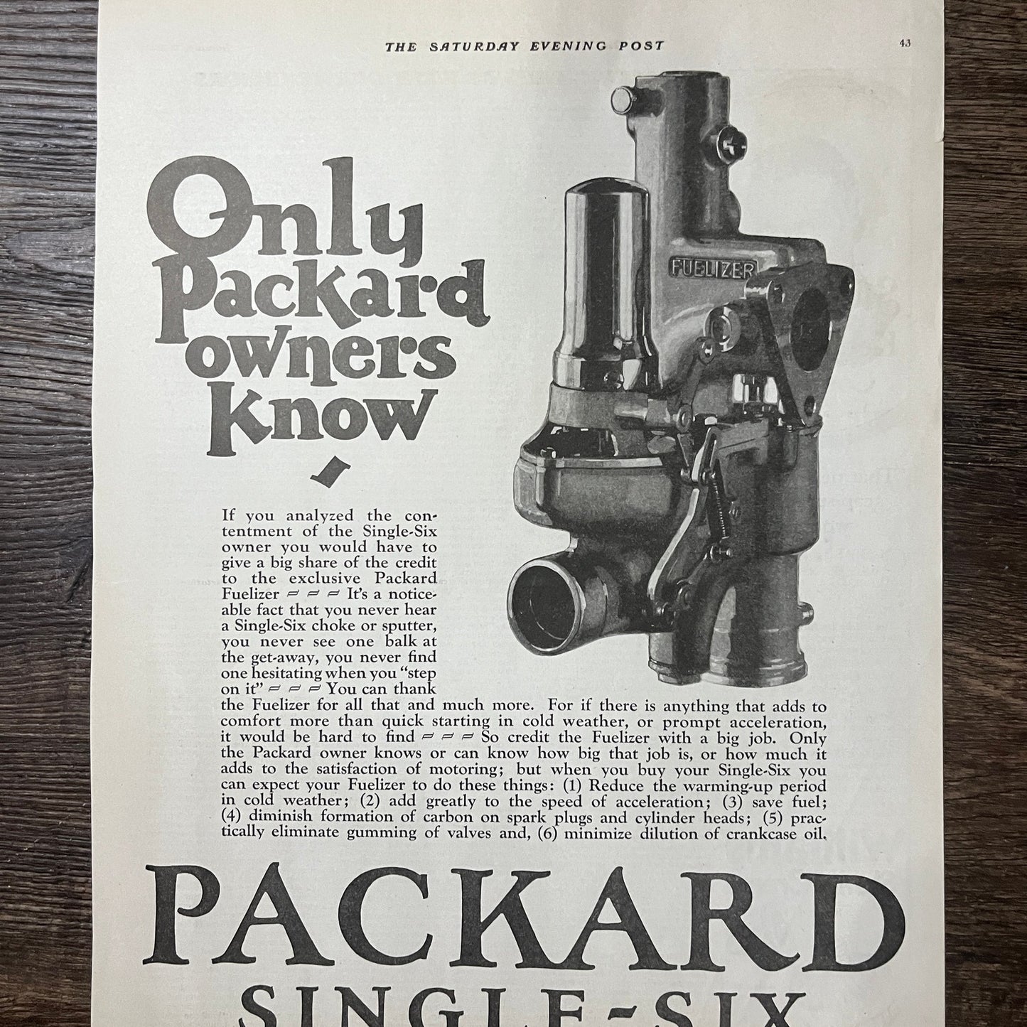 1924 Packard Single-Six Motor Car Fuelizer Engine Vintage Magazine Ad 11x14 V9