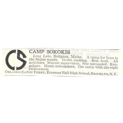 Camp Sokokis Long Lake Bridgton Orlando Eaton Ferry c1918 Advertisement AE5-SA4