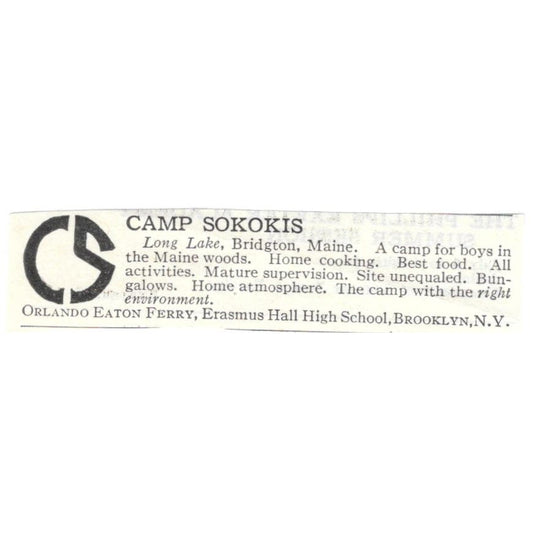 Camp Sokokis Long Lake Bridgton Orlando Eaton Ferry c1918 Advertisement AE5-SA4