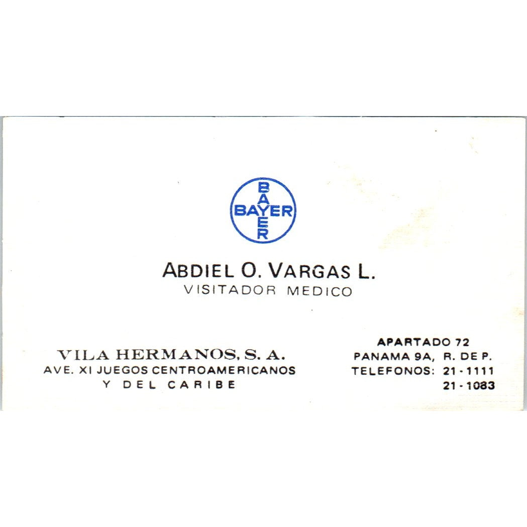 Abdiel O. Vargas L. Vila Hermanos S.A. Panama Vintage Business Card SD8-B16