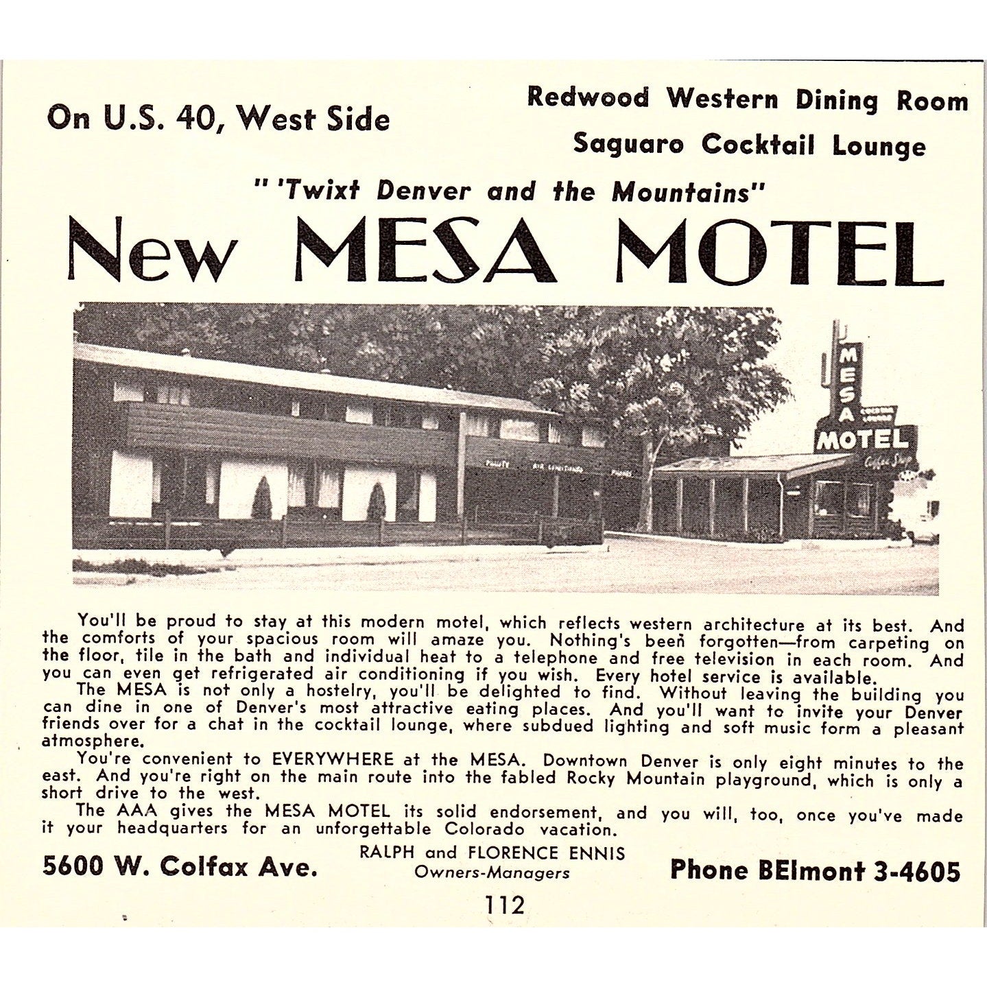 New Mesa Motel Ralph & Florence Ennis, Homestead Motel Denver CO 1958 Ad AG1-H1