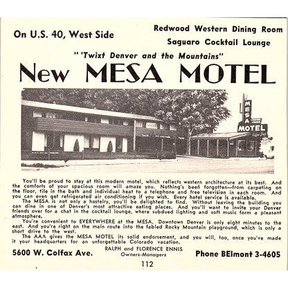 New Mesa Motel Ralph & Florence Ennis, Homestead Motel Denver CO 1958 Ad AG1-H1