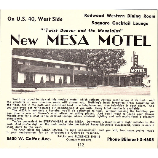 New Mesa Motel Ralph & Florence Ennis, Homestead Motel Denver CO 1958 Ad AG1-H1
