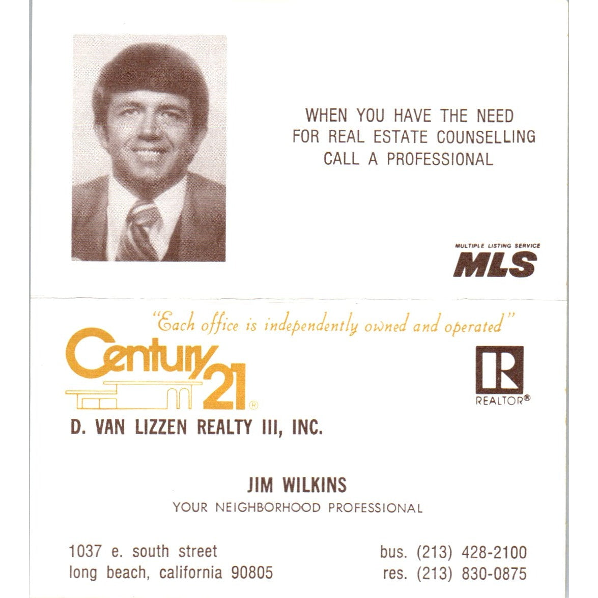 Jim Wilkins Century 21 D. Van Lizzen Realty Long Beach CA Business Card SD4-B5