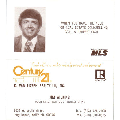 Jim Wilkins Century 21 D. Van Lizzen Realty Long Beach CA Business Card SD4-B5