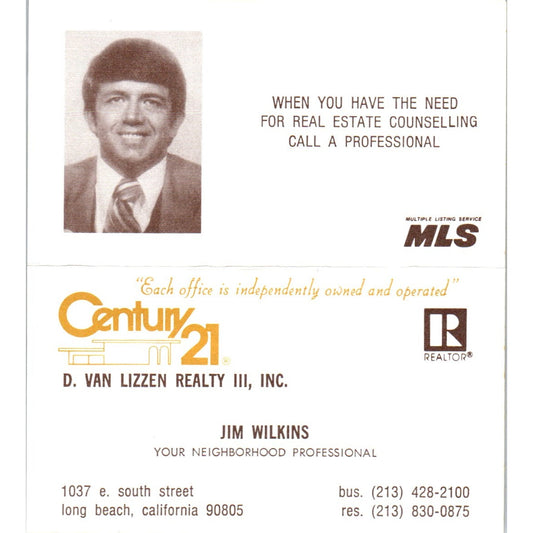 Jim Wilkins Century 21 D. Van Lizzen Realty Long Beach CA Business Card SD4-B5