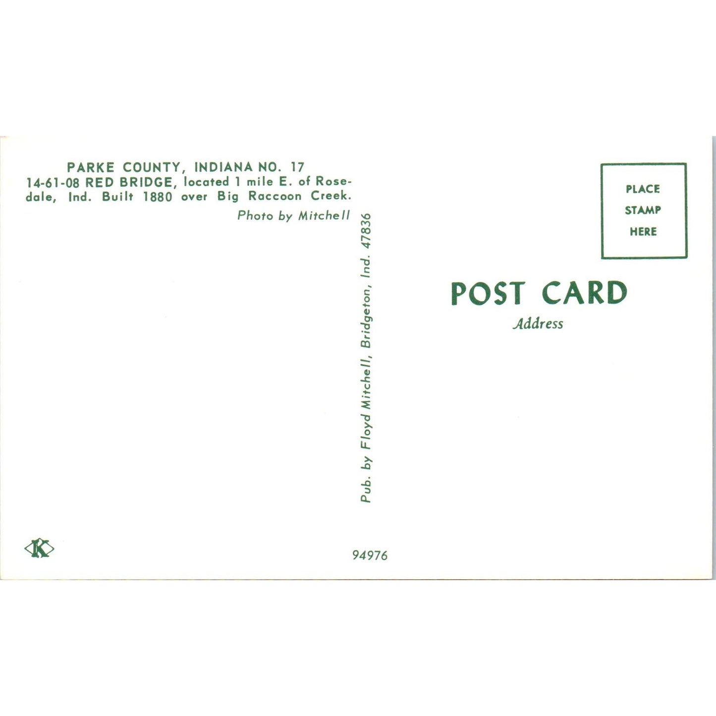 Phillips Bridge Parke County Indiana #17 Covered Bridge Postcard PB10