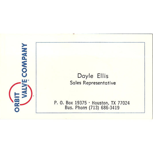 Dayle Ellis Orbit Valve Co Houston Vintage Business Card SE5-B1