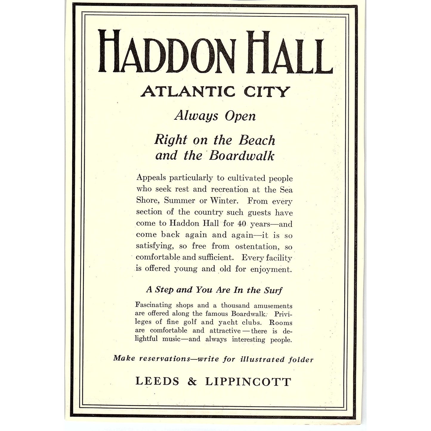 Haddon Hall Atlantic City Leeds & Lippincott c1920 Ad AF8-10