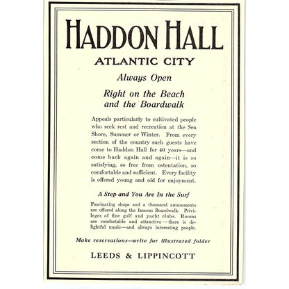 Haddon Hall Atlantic City Leeds & Lippincott c1920 Ad AF8-10