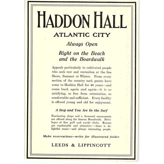 Haddon Hall Atlantic City Leeds & Lippincott c1920 Ad AF8-10