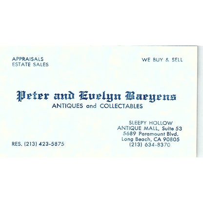 Peter & Evelyn Baeyens Antiques Long Beach CA Vintage Business Card SE3-B16