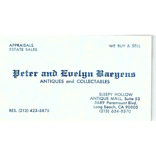 Peter & Evelyn Baeyens Antiques Long Beach CA Vintage Business Card SE3-B16