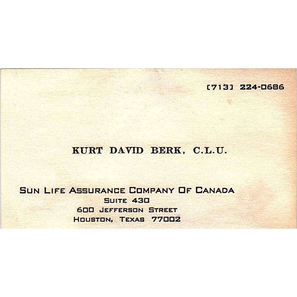 Kurt David Berk CLU Sun Life Assurance Houston Vintage Business Card SD9-B7