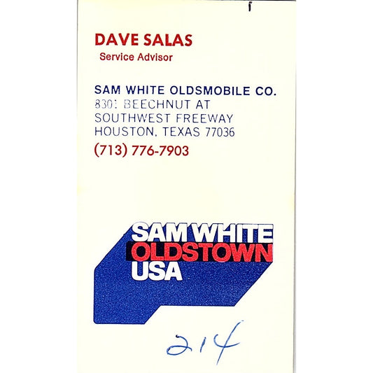 Sam White Oldsmobile Dave Salas Houston Vintage Business Card SD9-B6