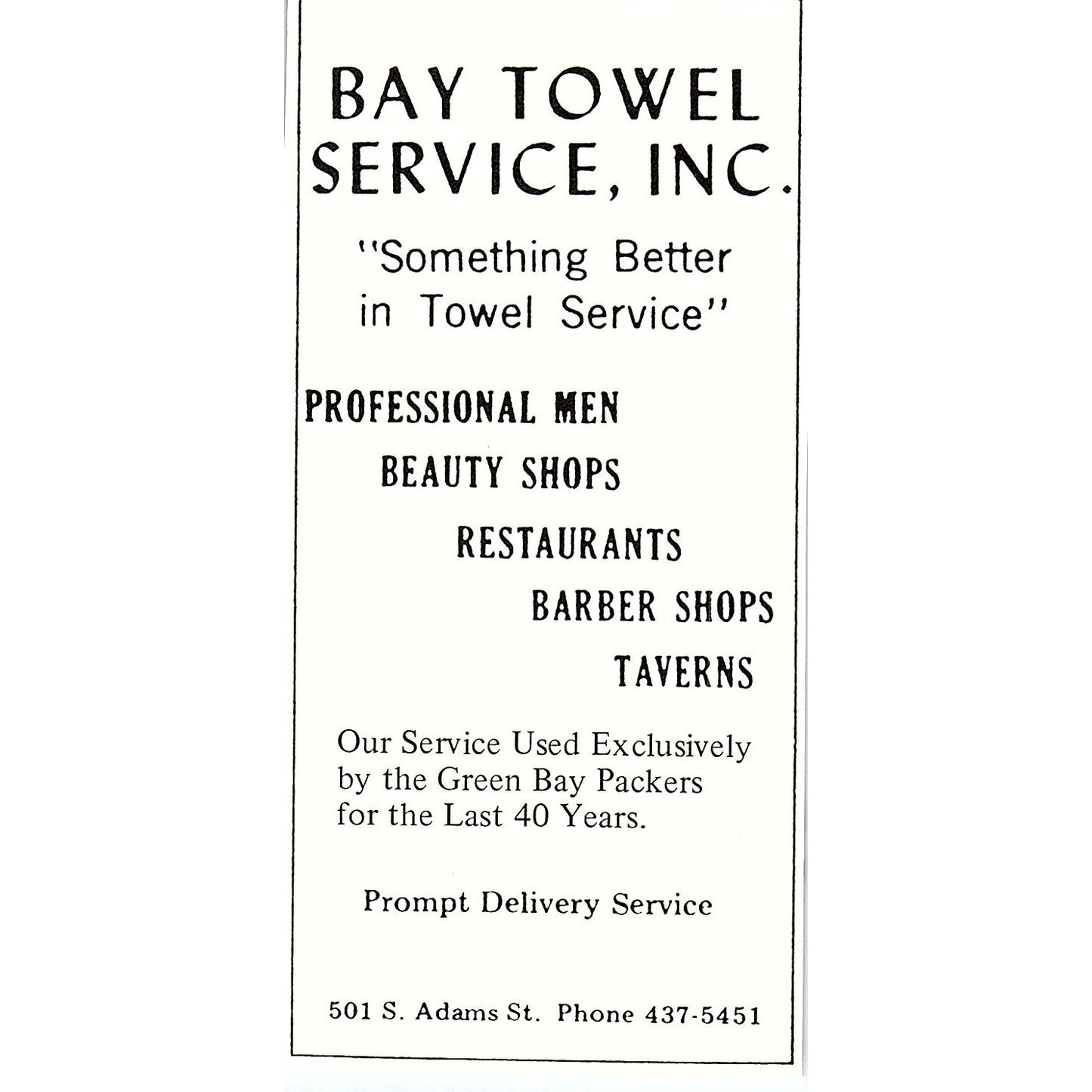 Bay Towel Service Inc 501 S. Adams St Green Bay WI 2.5x5" 1981 Ad AF6-17