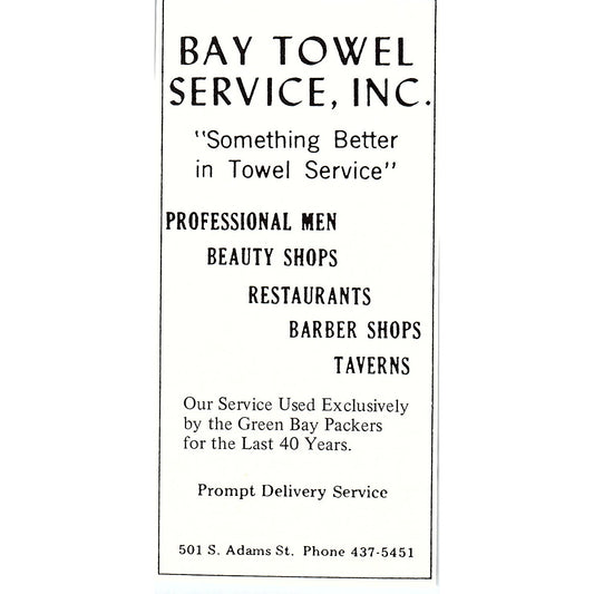 Bay Towel Service Inc 501 S. Adams St Green Bay WI 2.5x5" 1981 Ad AF6-17