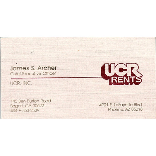 UCR Rents James S Archer Phoenix AZ Vintage Business Card SC9-B7