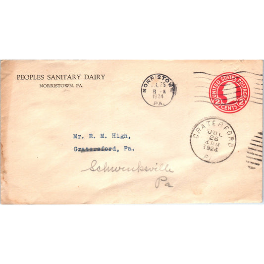 1924 Peoples Sanitary Dairy Norristown Graterford Postal Cover Envelope TG7-PC2