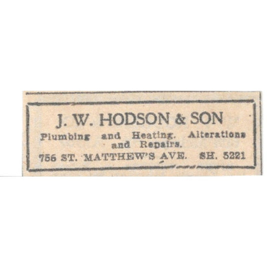 J.W. Hodson & Son Plumbing 756 St. Matthew's Ave Winnipeg 1920 Ad AG2-S4