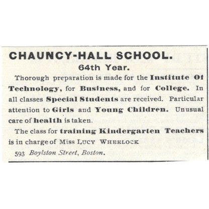 Chauncey-Hall School Miss Lucy Wheelock Boston c1890 Victorian Ad AE9-CH1
