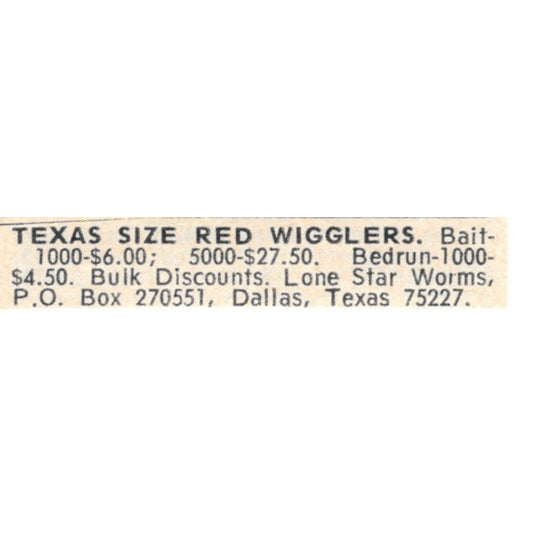 Lone Star Worms Red Wigglers Dallas TX 1977 Ad AF6-S8