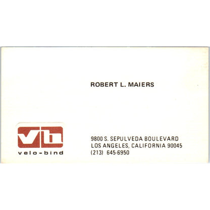 Robert L. Maiers Velo-Bind Inc Los Angeles CA Vintage Business Card SE3-B4