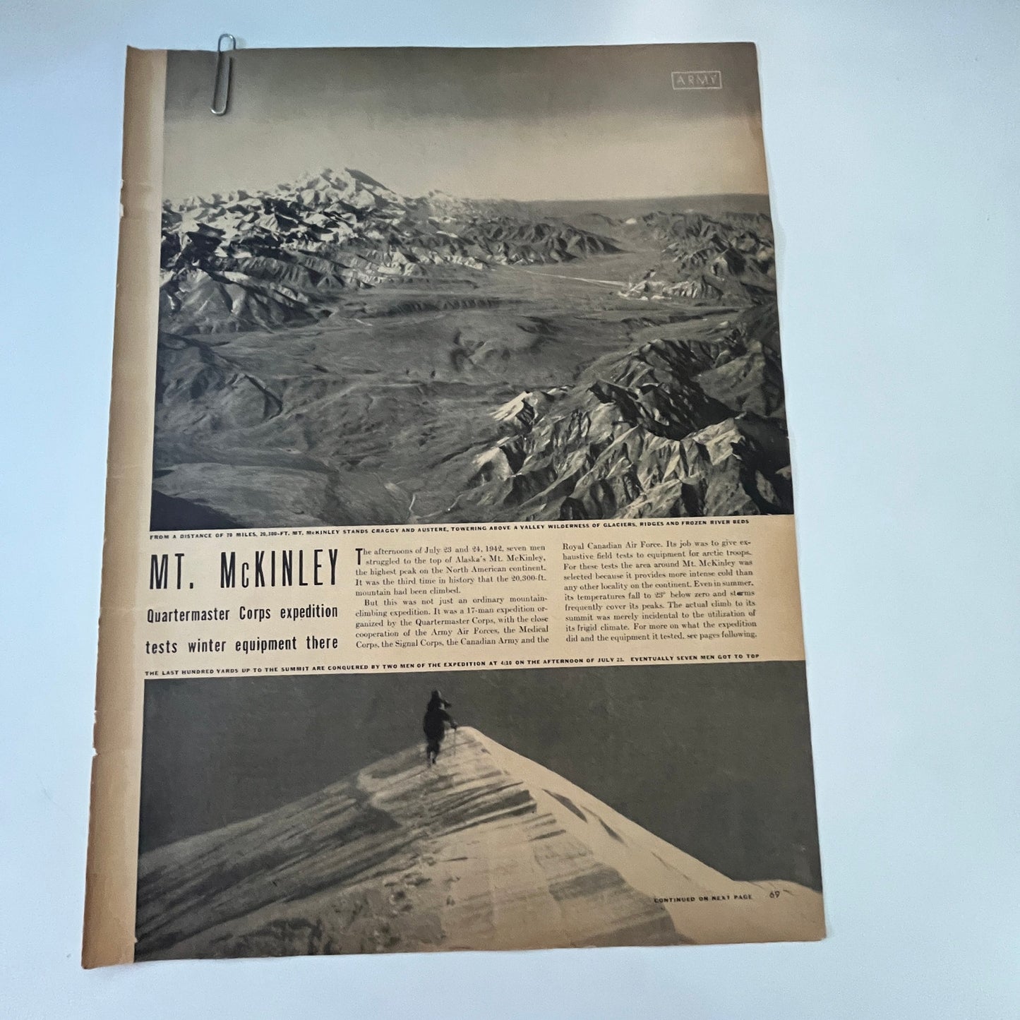 Mt. McKinley Quartermaster Corps Expedition 3 Pages 1940s WWII Era Article V30-1