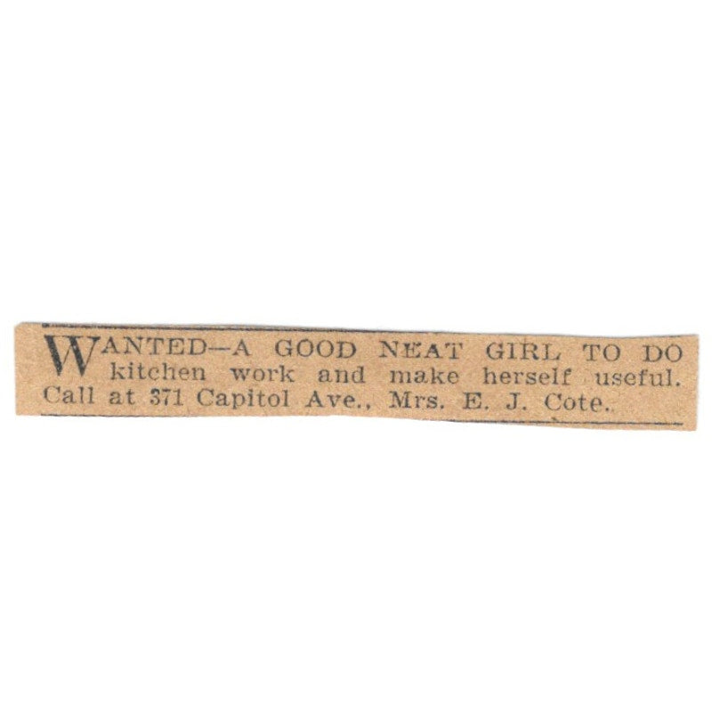 Mrs. E.J. Cote Capitol Ave Hartford 1901 Newspaper Ad AD8-HS8
