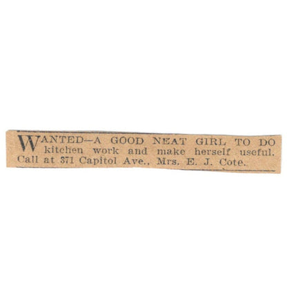 Mrs. E.J. Cote Capitol Ave Hartford 1901 Newspaper Ad AD8-HS8
