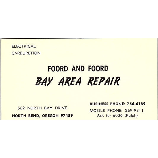 Foord & Foord Bay Area Repair North Bend OR Ralph Vintage Business Card SE3-B13
