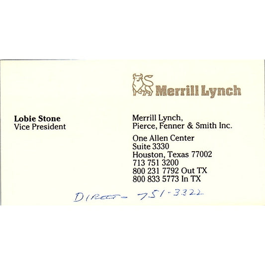 Merrill Lynch Lobie Stone Houston Texas Vintage Business Card SB4-B1