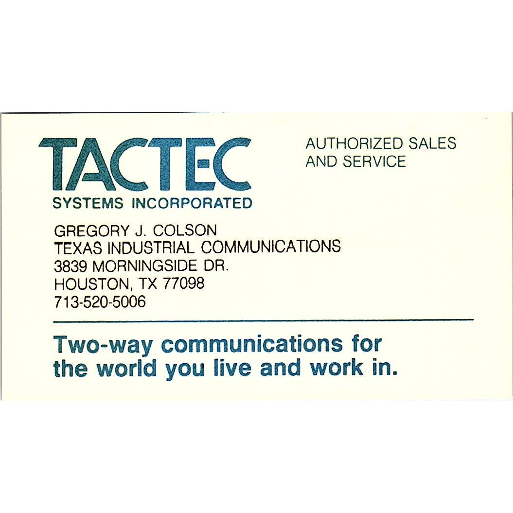 Tactec Systems Ins Gregory J Colson Houston TX Vintage Business Card SE3-B16