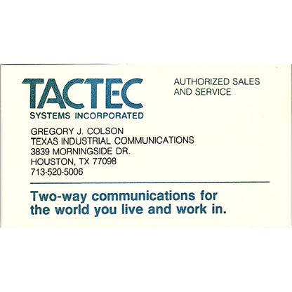 Tactec Systems Ins Gregory J Colson Houston TX Vintage Business Card SE3-B16