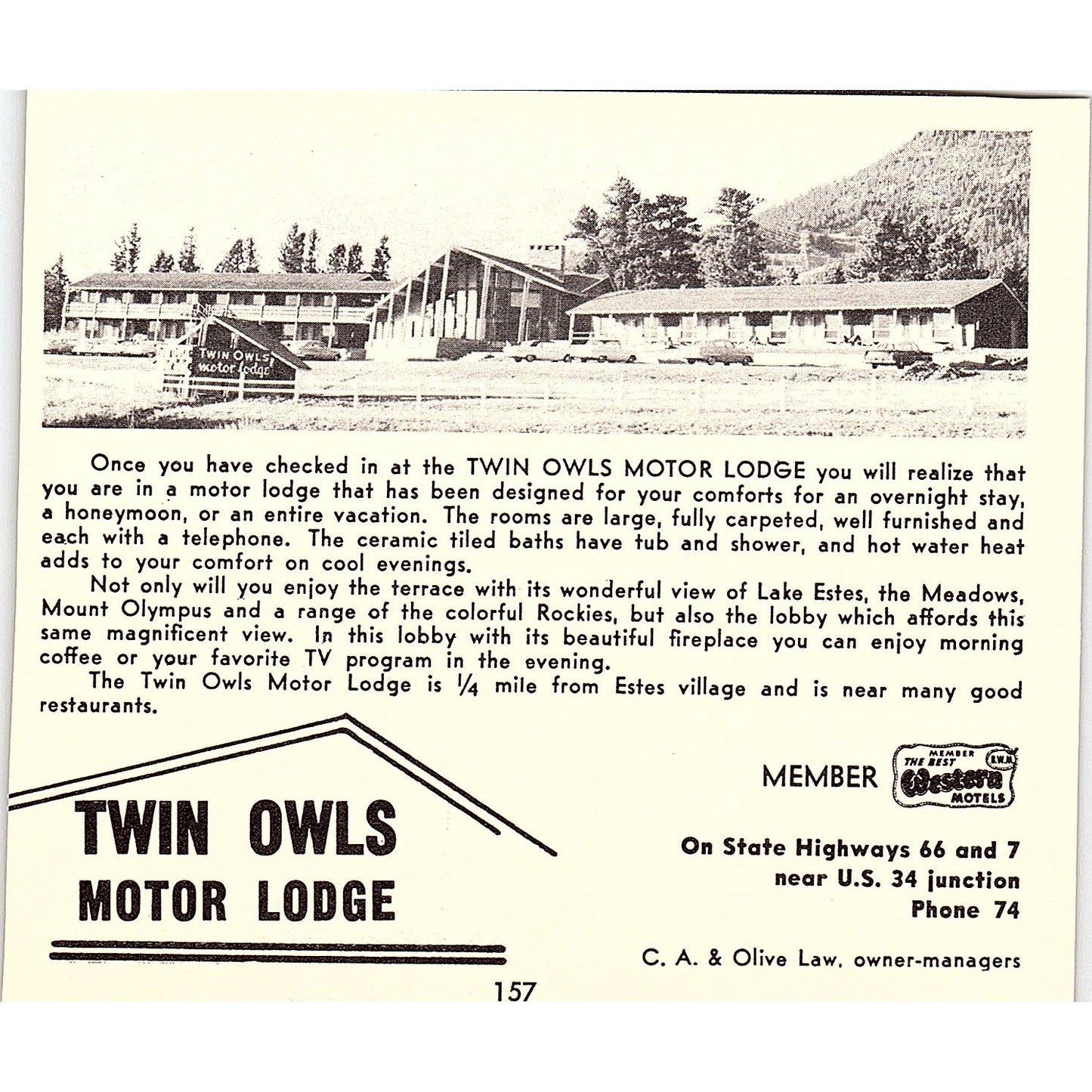 Twin Owls Motor Lodge, The Ranchouse Restaurant Estes Park CO 1958 Ad AG1-H1